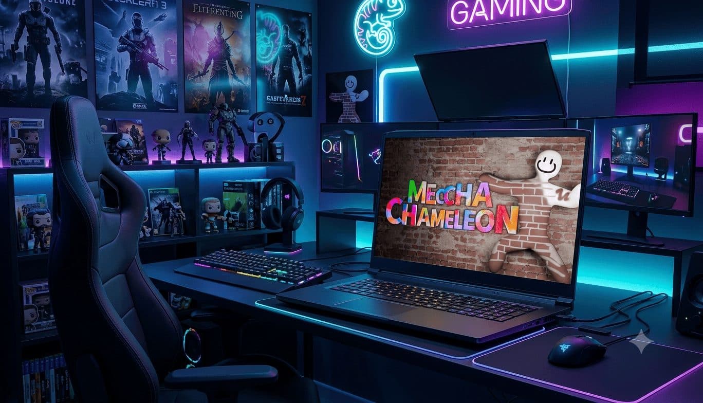 Setup gaming avec un écran affichant le logo Meccha Chameleon, illustration de l'article sur la sortie officielle